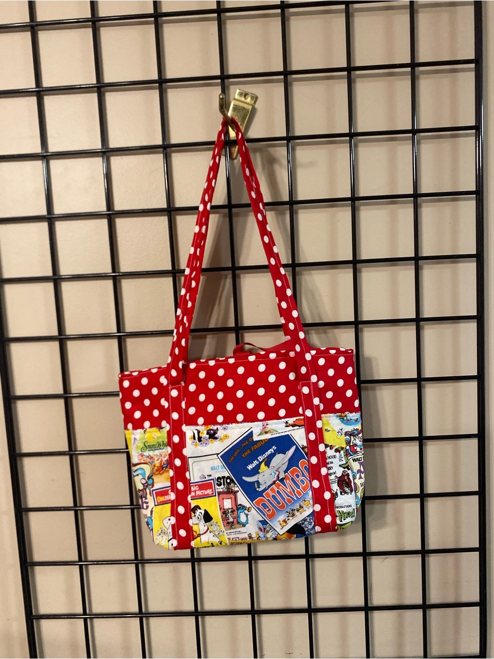Red Polka Dot fabric Tote Bag with Comic Patch Accents